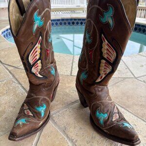Corral vintage rare brown cowboy boots with butterfly and floral inlay 8M